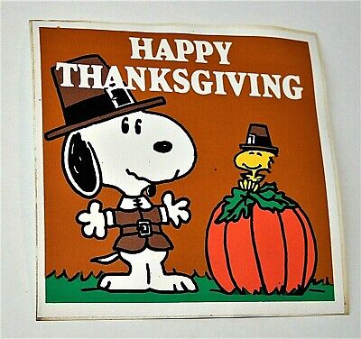 Snoopy & Woodstock Happy Thanksgiving Pilgrim Peanuts Gang Sticker NOS New 1970s