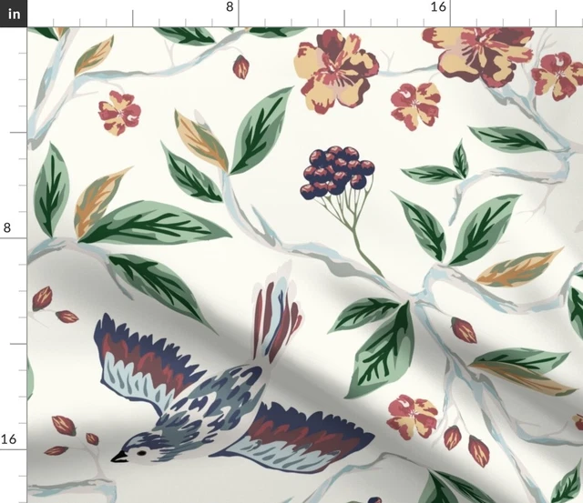 Hand Painted Birds Vintage 1920S Nature Beige 40S Spoonflower Fabric by the Yard