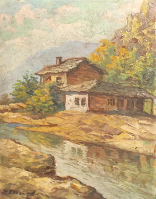 Antique expressionist oil painting landscape of a house to the river signed