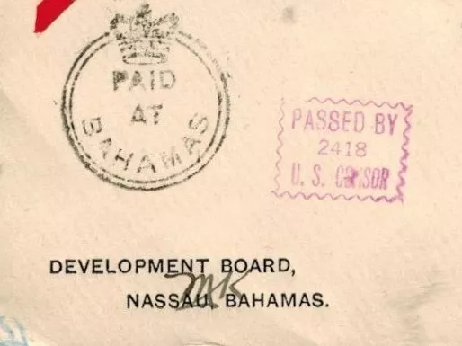 Bahamas 1944 OHMS Airmail Cover w/BOXED PASSED BY 2418 CENSOR RED & CROWN CIRCLE 2