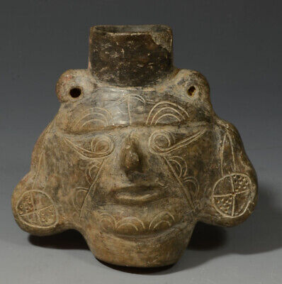 Pre Columbian Peru Lambayeque Blackware Miniature Portrait Head Vessel ca 900 AD
