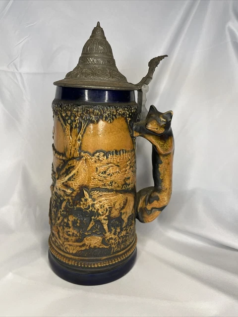 Vintage Gerz Germany Lidded Beer Stein Fox Handle Wild Elk Boar Oktoberfest