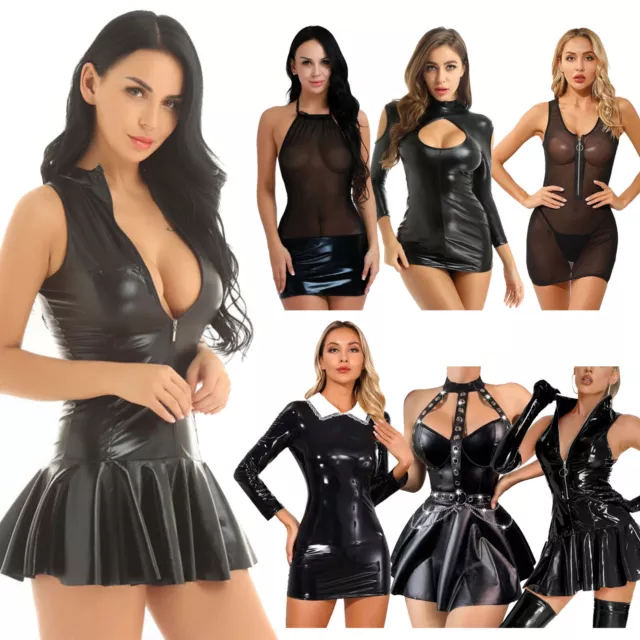 Sexy Women Lady Latex Wet Look Bodycon Mini Dress Leather Night Party Clubwear 2