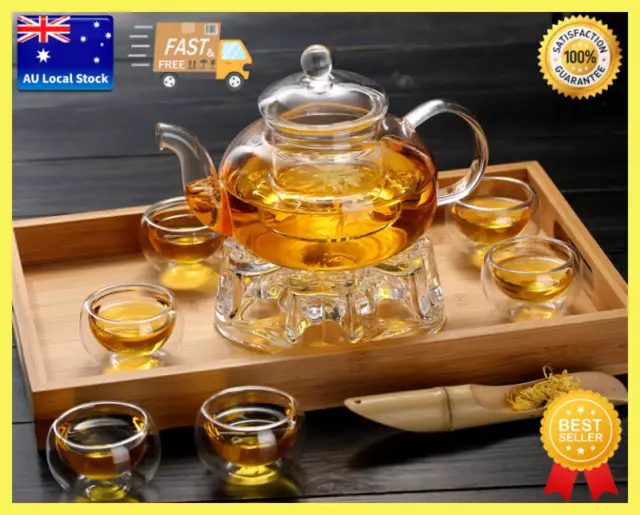 8 Piece Glass Tea Set 1000ml Glass Teapot With Infuser + Teapot Warmer + 6 Cups