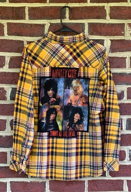 Vintage Distressed Flannel Shirt w/ Motley Crue / 80s Rock Band - Women's Large Vintage Distressed Flannel Shirt w/ Motley Crue / 80s Rock Band - Women's Large