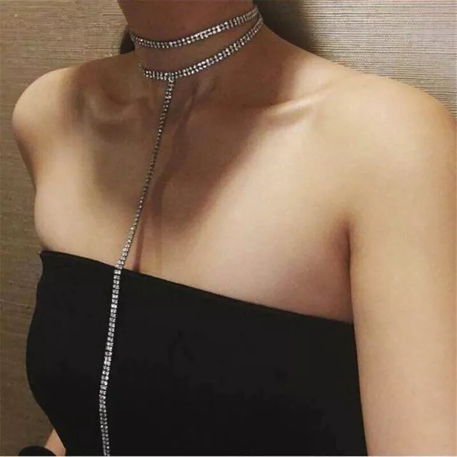 Crystal Diamante Rhinestone Choker Necklace with Tassel 4 Row Women Party