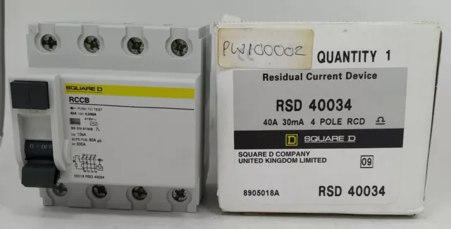 Square D RSD 40034 40A 40 Amp 30mA Quatre Pôle 4P Rcd Rccb