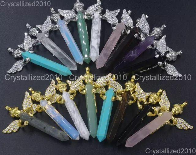 Natural Gemstone Zircon Pave Angel Hexagonal Pointed Reiki Healing Pendant Beads