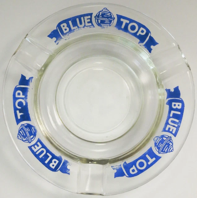 BLUE TOP Huether Beer Ashtray Round Clear 5.50" Glass Advertising VINTAGE 1940's