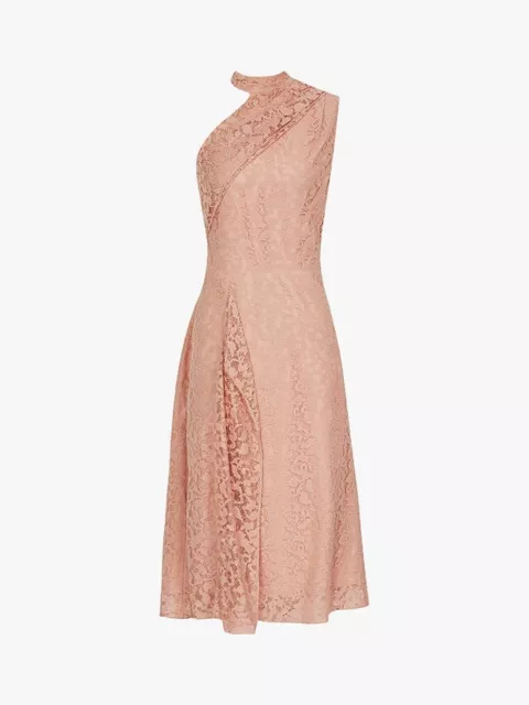 Reiss Stephie Blush Assymetric Lace Dress UK 12  BNWT RRP 225 Midi High Neck