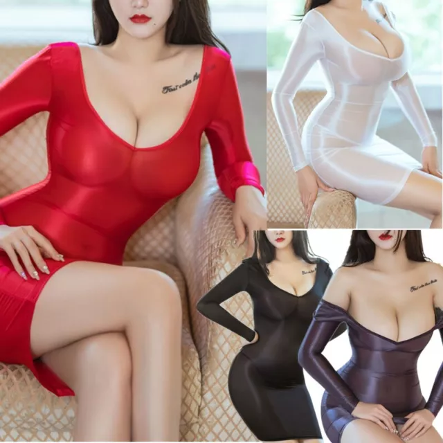 Femmes Brillant Semi Transparent Robe Col V Profond Mini Robe Moulante Nightwe *