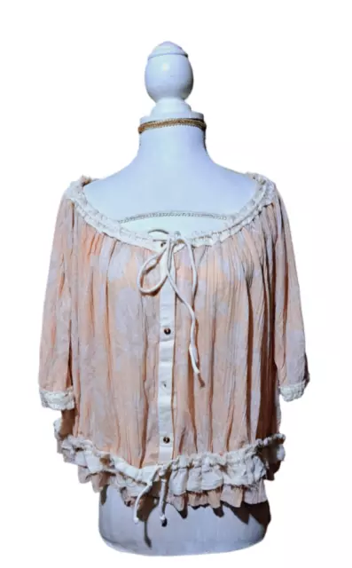 Free People Perfect Day Boho Cropped Top In Neutral Combo Short Puff Sleeves L