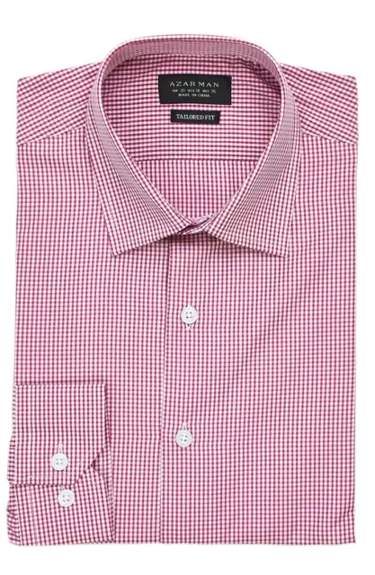 Slim / Tailored Fit Mens Red Plaid Dress Shirt Wrinkle-Free Cotton By AZAR MAN