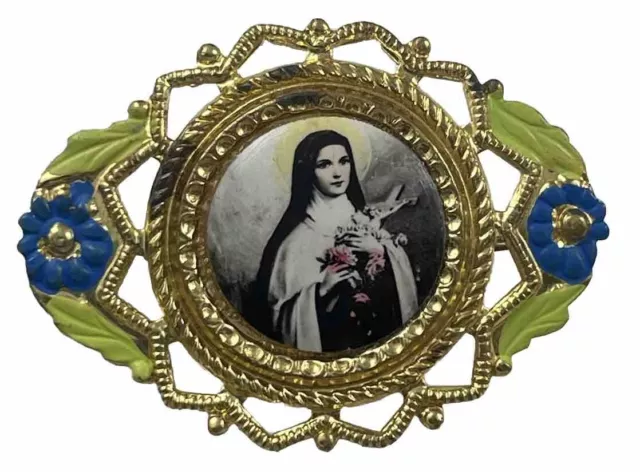 Vintage Catholic St Teresa Colorized Thin Gold Tone Religious Medal Pin