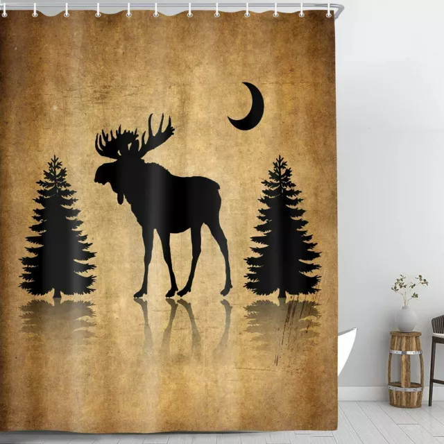 Vintage Shower Curtain Rustic Elk Moose Deer Forest Pine Tree Moon Bath Curtains