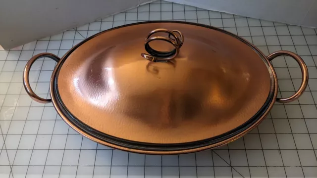 Vintage Gregorian Hammered Solid Copper Glass Serving Dish with Lid USA Made