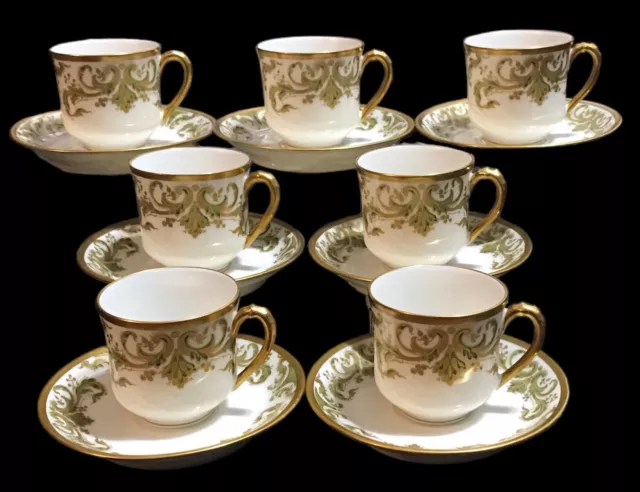 Haviland Limoges Demitasse Set of 7 Cups~Saucers Gold Trim~Heavy Gold Green Leaf