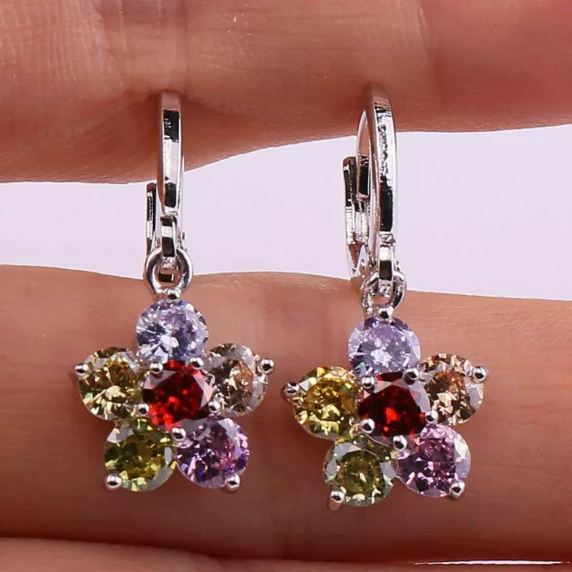 Cute 18K White Gold Filled Multi-Color CZ Flower Mini Hoop Drop Dangle Earrings