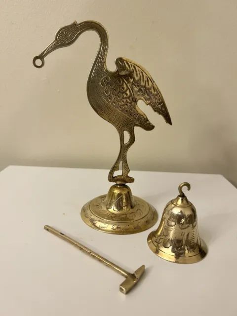 Vintage Solid Brass Etched Flamingo Crane Dinner Bell Mid Century 3 PC