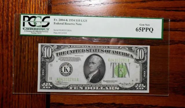 1934 $10 Federal Reserve Note 💲 Light Green  PCGS 65PPQ
