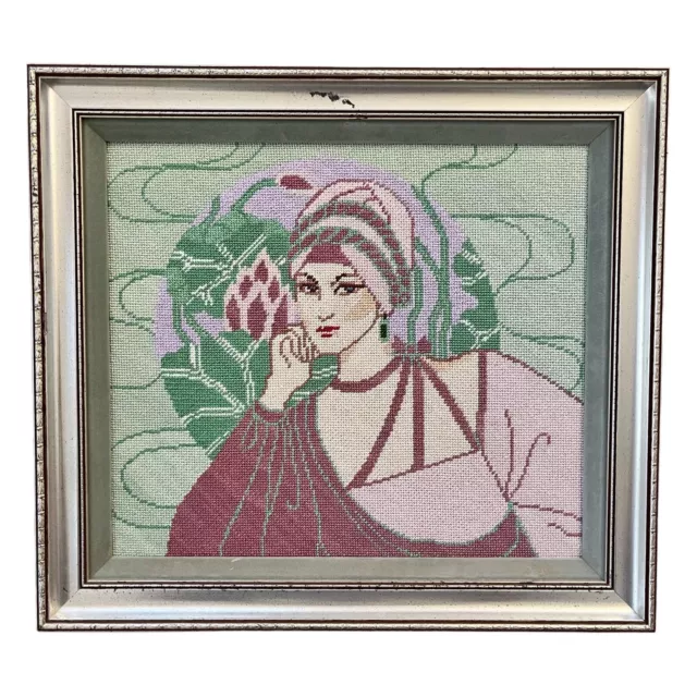 Vintage Needlepoint Framed Wall Art Blue Eyes Lady Woman Head Wrap Pink Green