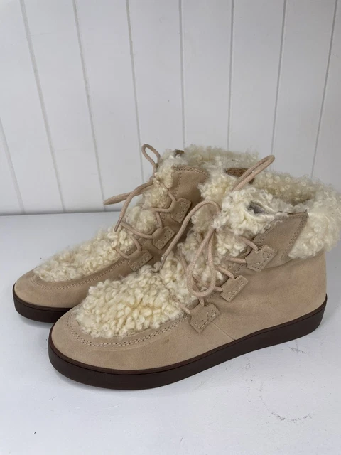 Vionic  Splendid Oak Sand Beige Shearling Fur Suede Lace Up Boot Booties Size 10