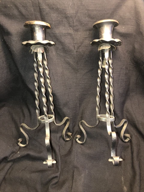 Arts & Crafts Gothic Hand  Wrought Iron Pair  Candlesticks  Copper Tulip 13 “