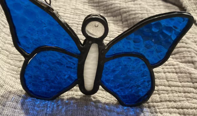 Vtg. Stained Glass Butterfly Suncatcher Slag Blue White Leaded Hanging Wire 5x4”