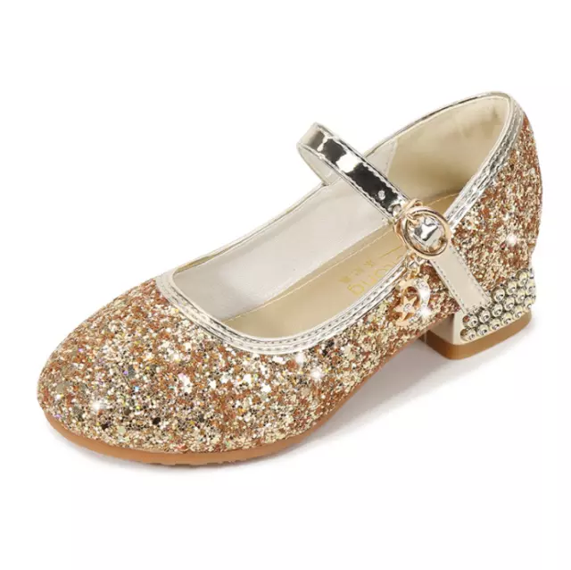 Kids Girls Low Heel Party Mary Jane Glitter Sandals Wedding Pumps Occasion Shoes