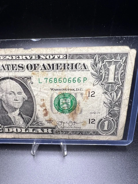 One dollar bill with VERY COOL fancy serial number  L 7686 0666P ,lot 118