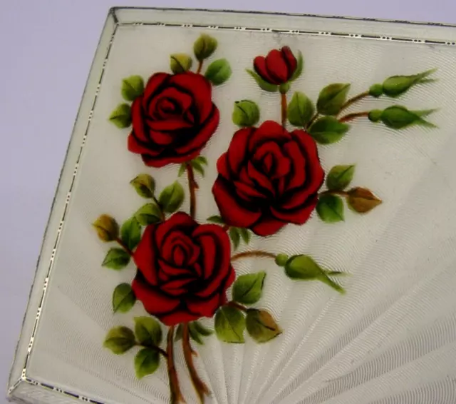 BEAUTIFUL LARGE STERLING SILVER ENAMEL ROSES CIGARETTE CASE 1959 ENGLISH 172g