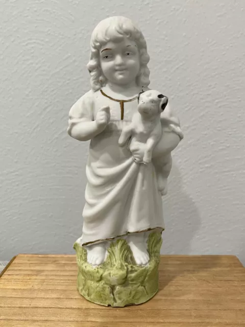 Antique Allemand Carl Schneider Bisque Porcelaine Enfant Avec / Chiot Figurine