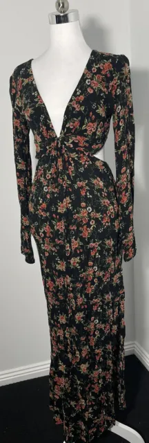 Nunui Black Floral Long Sleeve Cut Out sides & Back Maxi Dress Size 10
