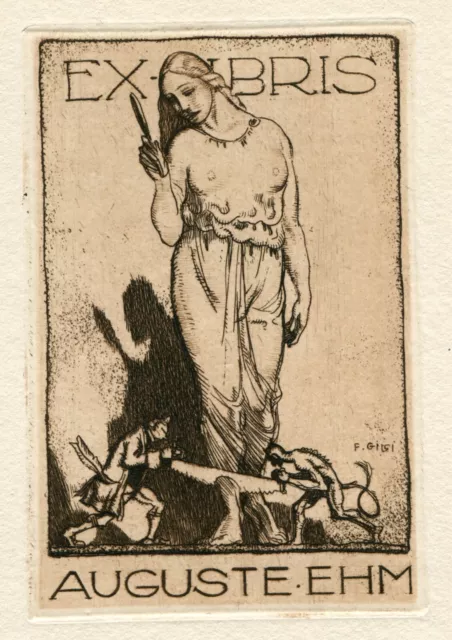 Exlibris ex libris erotic bookplate by Fritz Gilsi (Swit) for Auguste Ehm (C3)