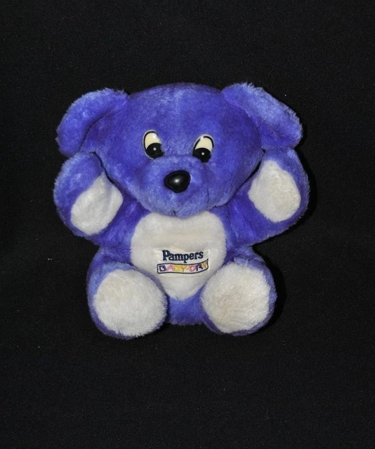 Peluche doudou souris PAMPERS BABYDRY mauve violet blanc grelot 21 cm assis TTBE