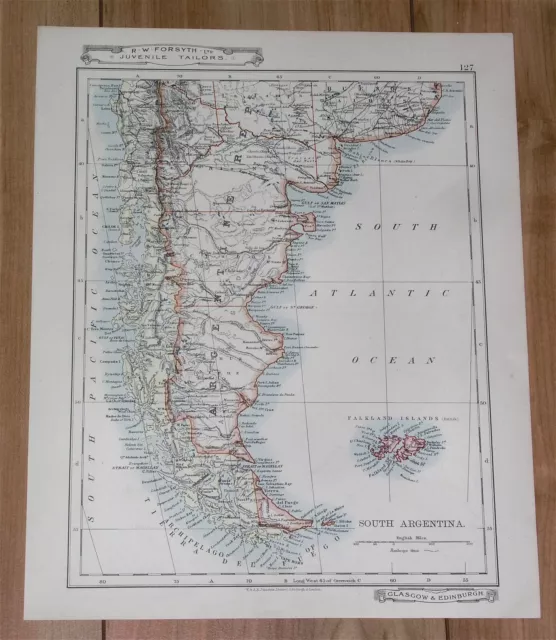 1907 Original Antique Map Argentina Chile Falklands Buenos Aires Rio De Janeiro
