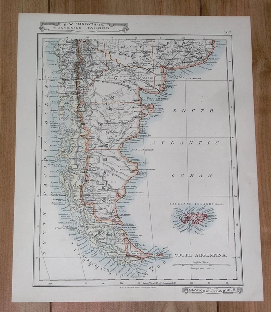 1907 Original Antique Map Argentina Chile Falklands Buenos Aires Rio De Janeiro