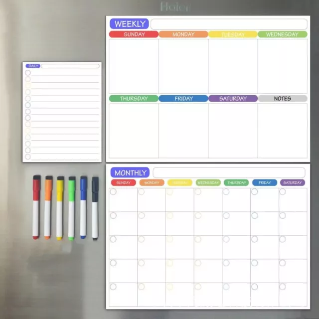 Magnetic Fridge Whiteboard Monthly Weekly Planner Erase Calendar Board + 6 Pens