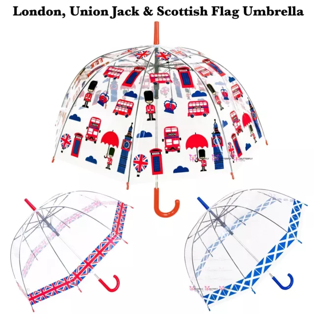 Unisex Birdcage Dome Umbrella Transparent Auto Open London Union Jack Scotland