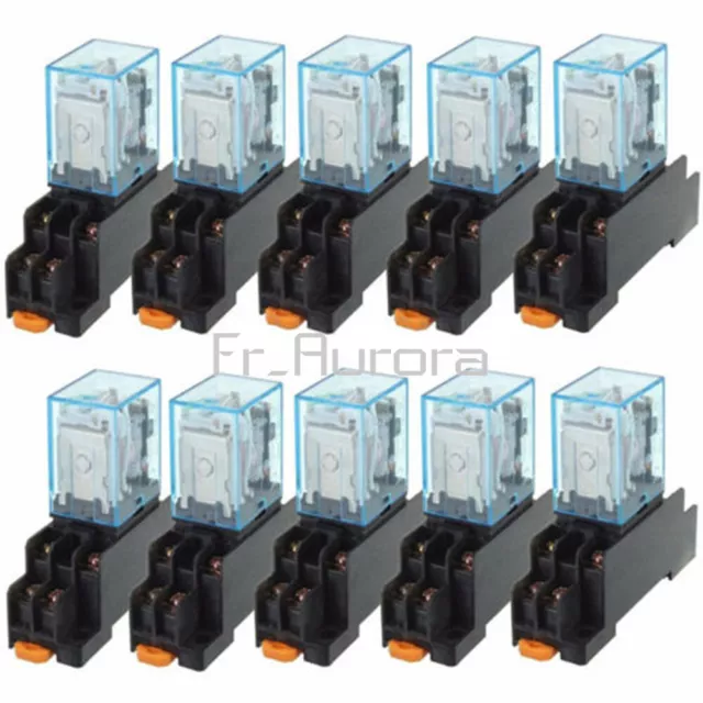 10PCS 12V DC Coil Power Relay LY2NJ DPDT 8 Pin HH62P JQX-13F With Socket Base