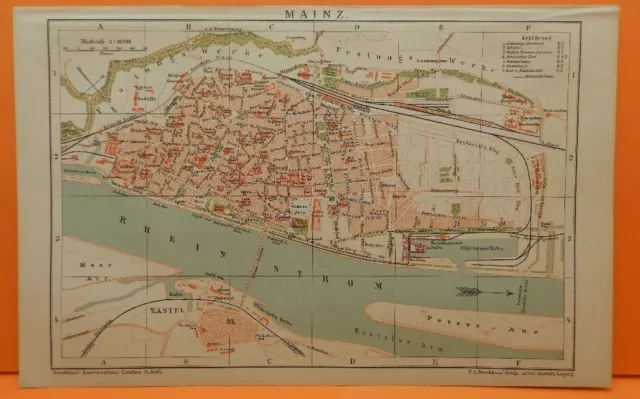 MAINZ historischer Stadtplan 1895 mit Straßenverzeichnis Kastel Zollhafen