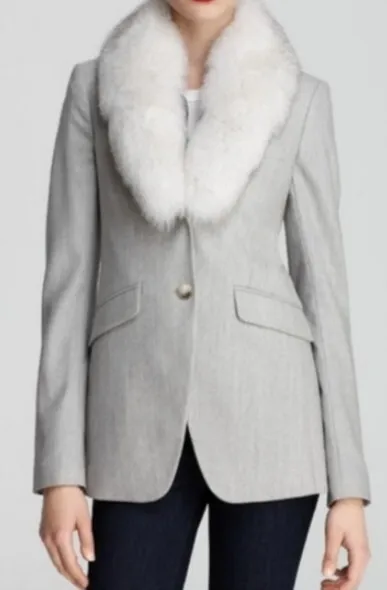 Theory Andorie F Epirus Fox Fur Collar Blazer Size:2 Color:Gray/White NWOT