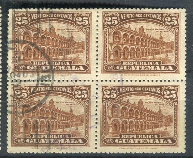 GUATEMALA; 1922 early National Symbol issue 25c. fine used BLOCK of 4