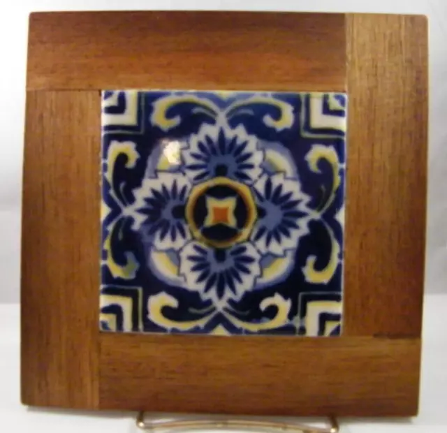 Vintage Mexican Ceramic Trivet Tile Framed in Wood 4.25" sq. in frame 7.25" sq.
