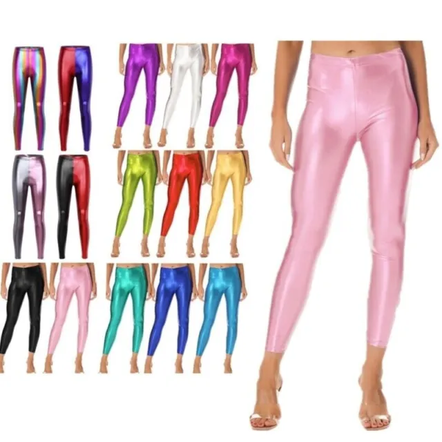 Women's Faux Leather Leggings Shiny Metallic High Waist Skinny Pants Trousers 2