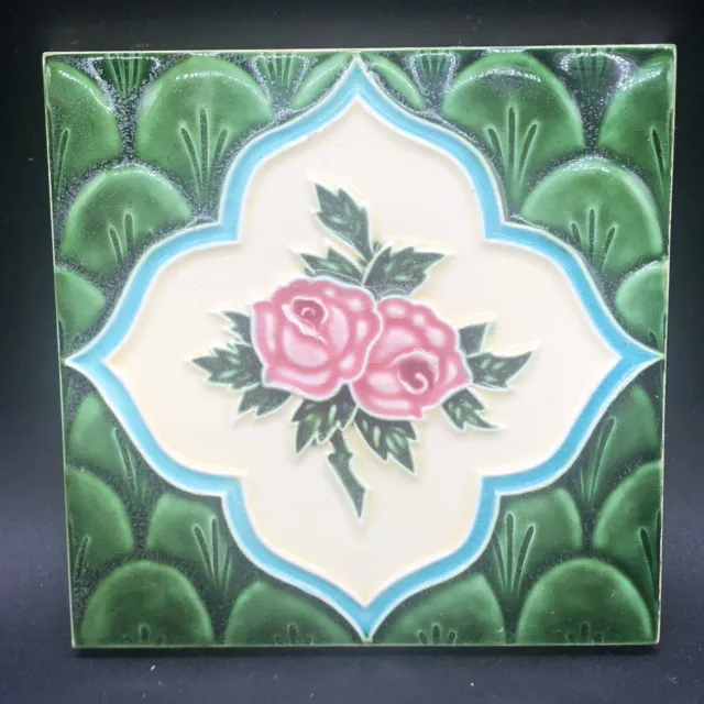 Vtg Art Nouveau Green W Pink Roses & Aqua Tile Floral Majolica 6” x 6” *Read*