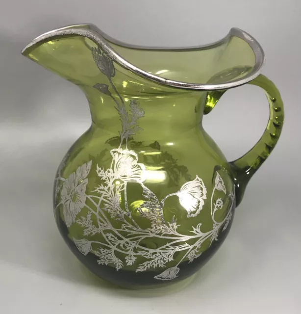 Vintage Hand Blown Green Silver City Glass Pitcher With Silver Overlay Flowers