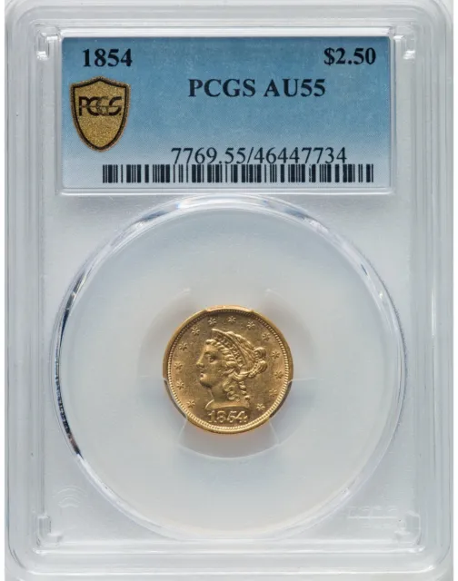 1854 Liberty Head $2.5 Quarter Eagle Gold Pcgs Au55