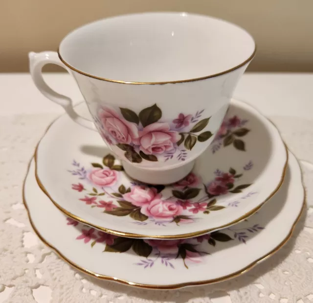 Queen Anne England 8351 Pink Roses Pattern Trio of Cup Plate Saucer Vintage