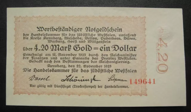 Kassenfrisch! Notgeldschein Westfalen 1923 4,20 Mark Gold 1 Dollar Prägestempel